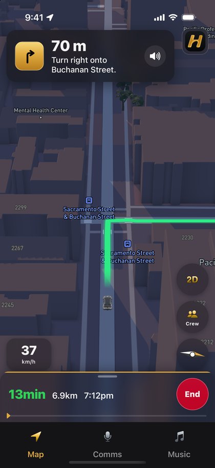 The Hairpin map mid-drive in the gold skin — the route line stays brand green