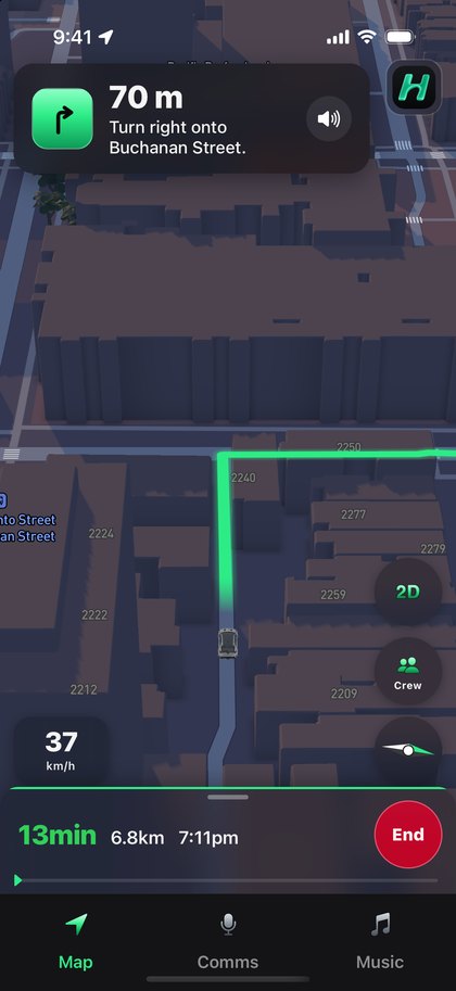 The Hairpin map mid-drive in the green skin — the route line stays brand green