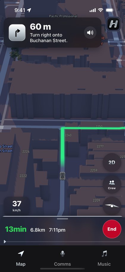 The Hairpin map mid-drive in the silver skin — the route line stays brand green